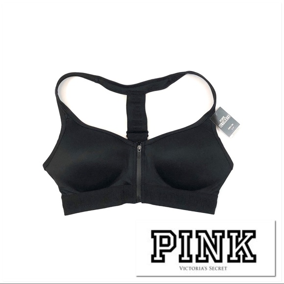 PINK VICTORIA/'S SECRET PURE BLACK LOGO ULTIMATE ZIP FRONT PUSH UP SPORTS BRA VS